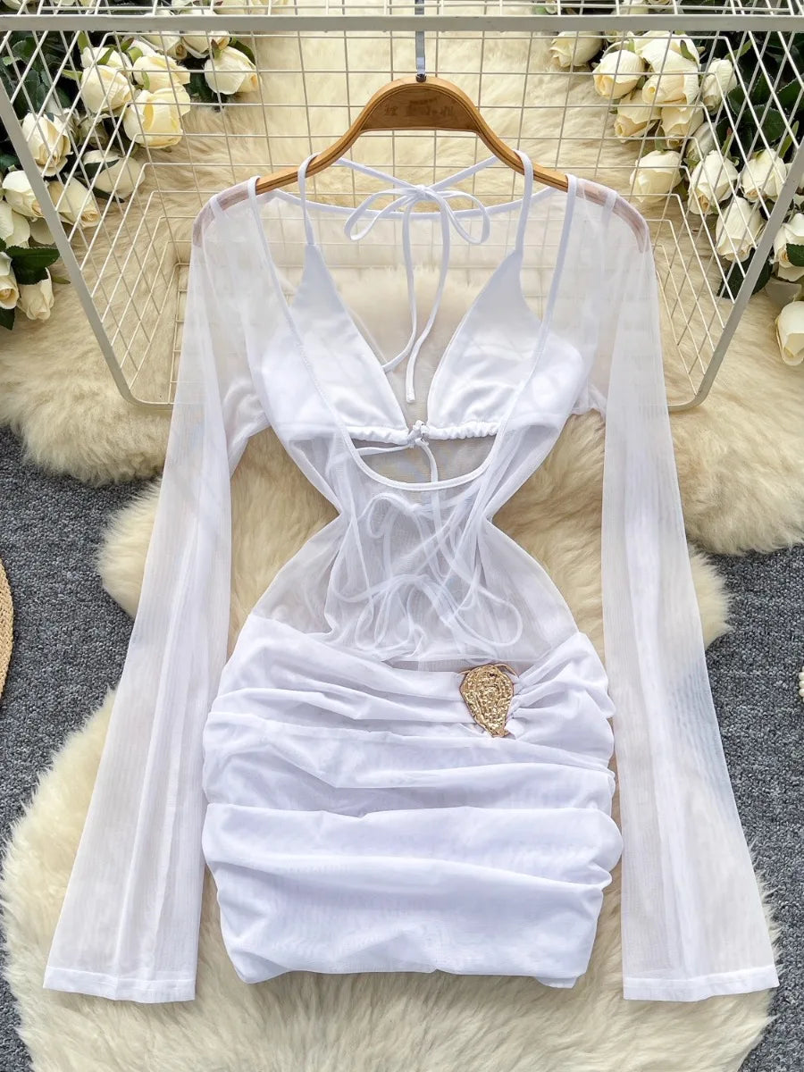 knee length dresses for ladies Vashti Cut Out Mesh Maxi Dress / Ivory | Meshki main image 1