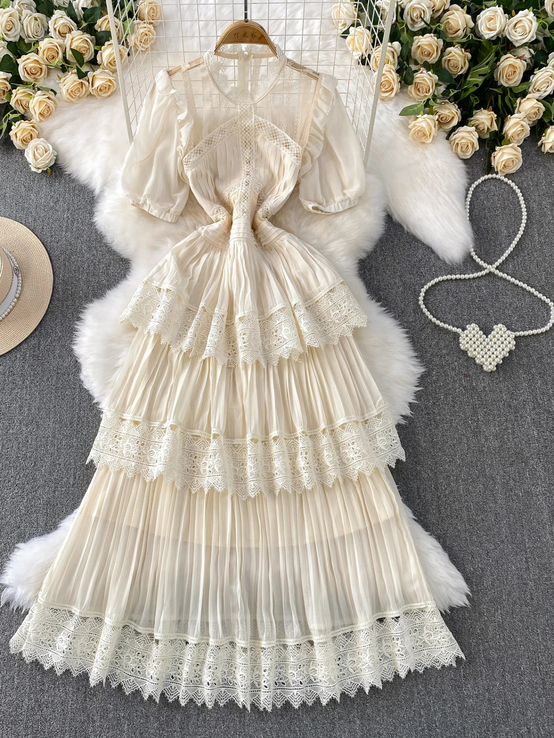 red lace tea length dress 3/4 Sleeve Cheongsam Top Floral Lace Tea Length Ao Dai Dress main image 1