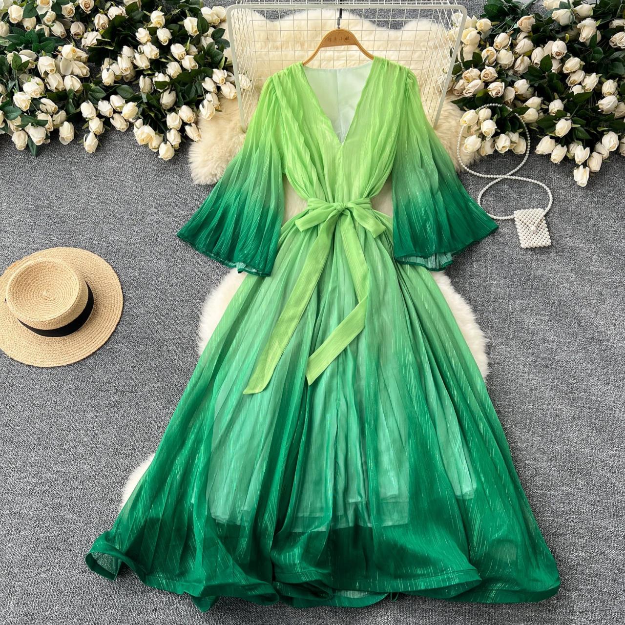 Green Ombre Pleated Maxi Dress With Belt