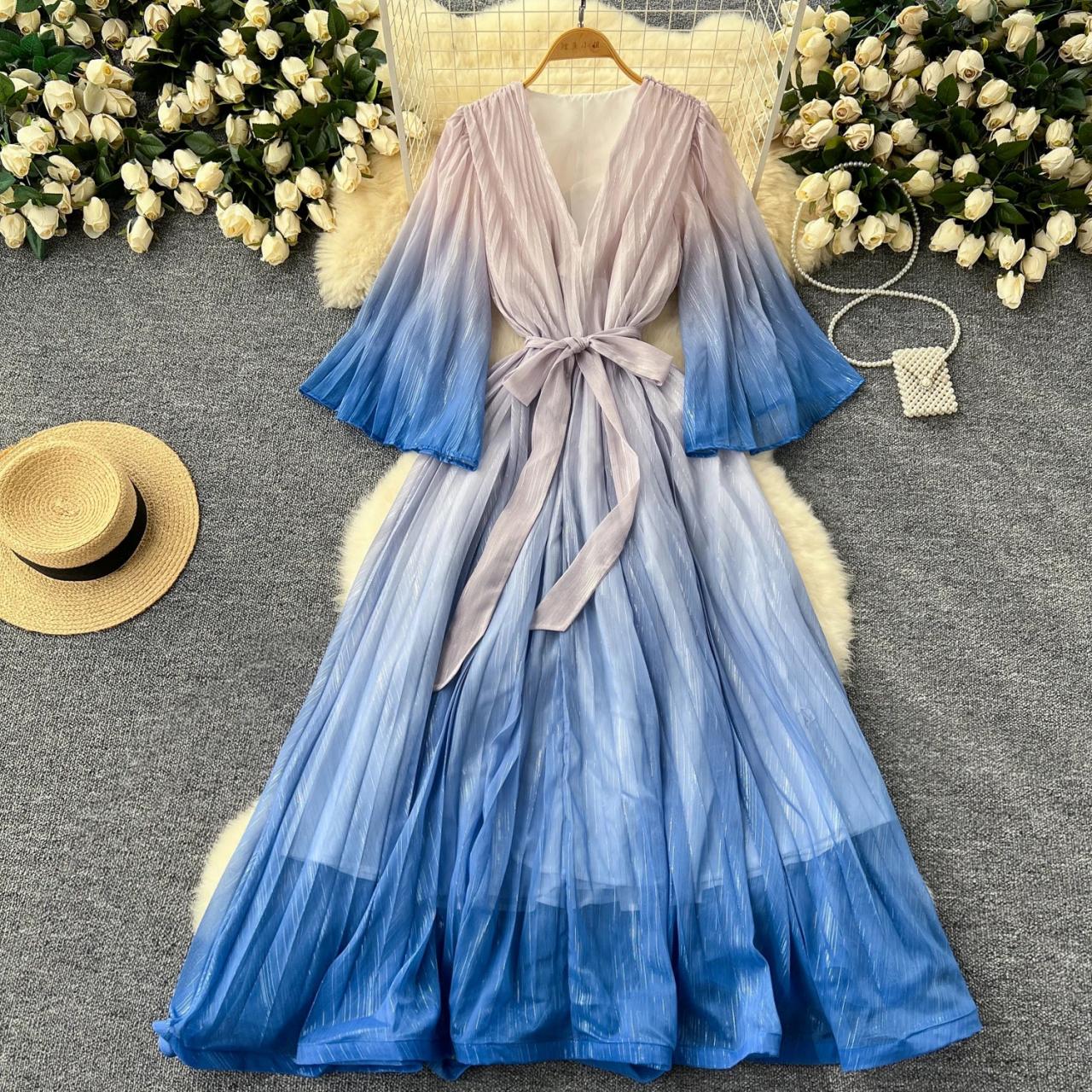 Turquoise Teal Wedding V Neck Blue Green Ombre Dress Elegant Green Ombre  V-neck Pleated Dress