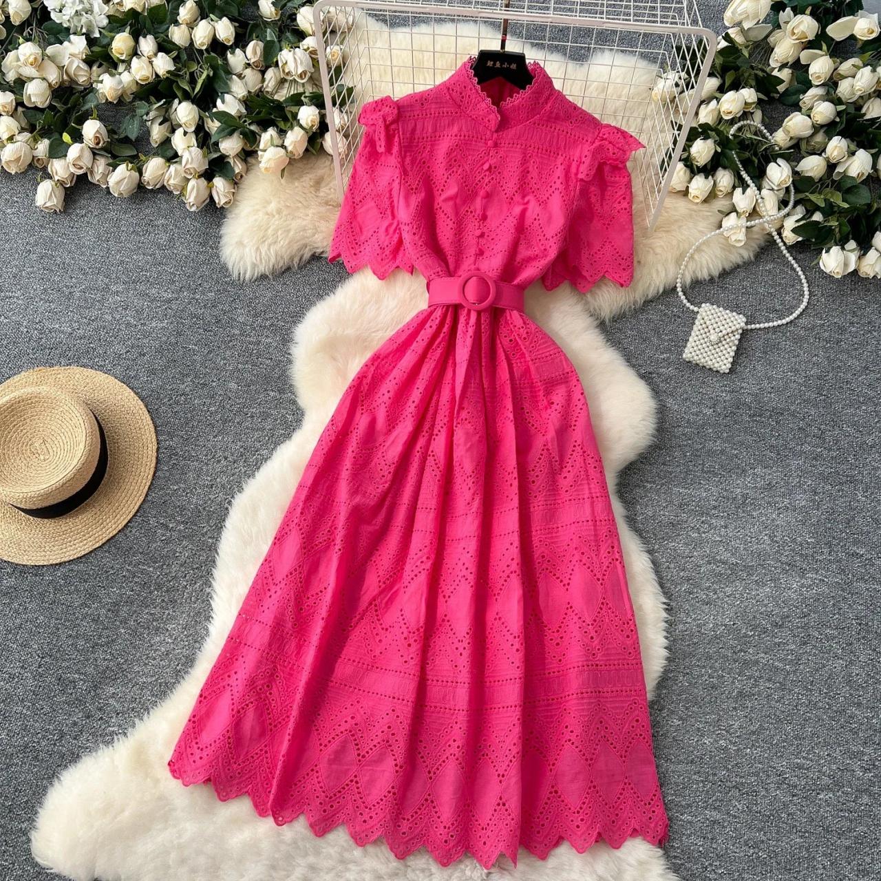 pink belted midi dress Just Around The Corner Pink Eyelet Belted Midi Dress, Large - The Mint Julep Boutique