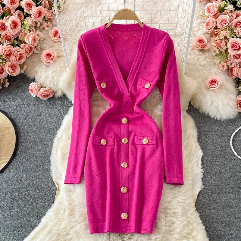 Fuchsia Button-front Long Sleeve Bodycon Knit Dress