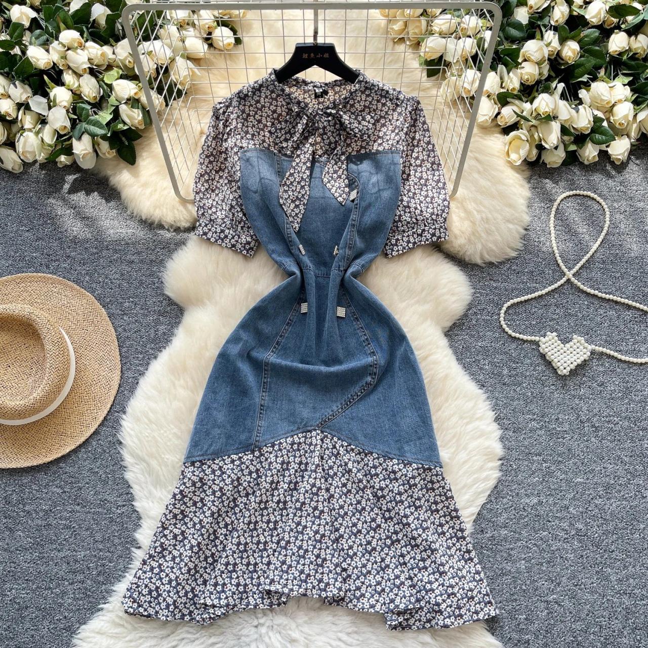 Blue Floral Patchwork Dress With Puff Sleeves