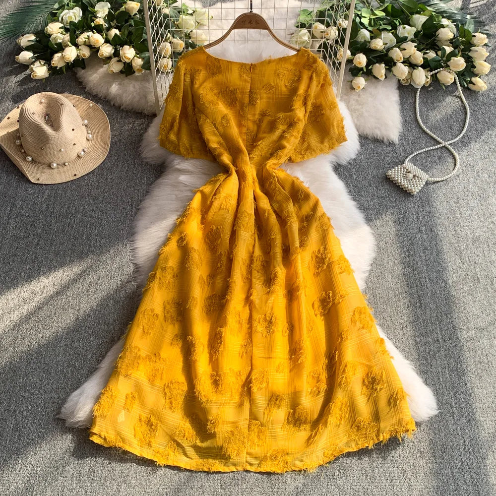 Yellow Floral Chiffon Dress With Short Sleeves