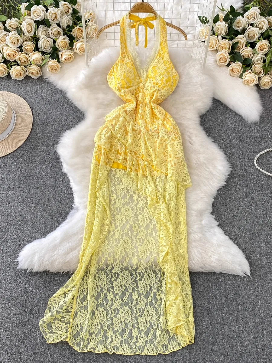 yellow lace backless dress Elegant Yellow Backless Lace Prom Evening Gown Dress