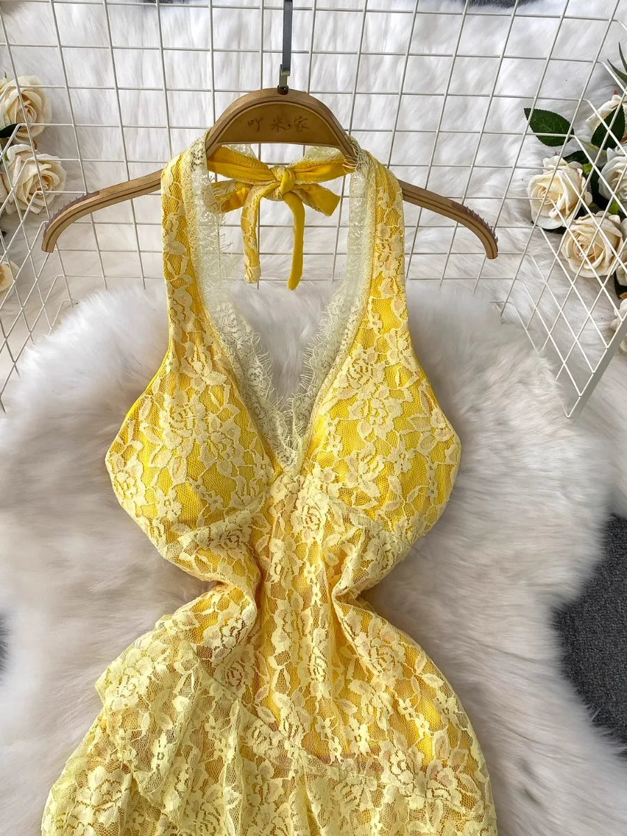 yellow lace backless dress Yellow lace Backless Dress
