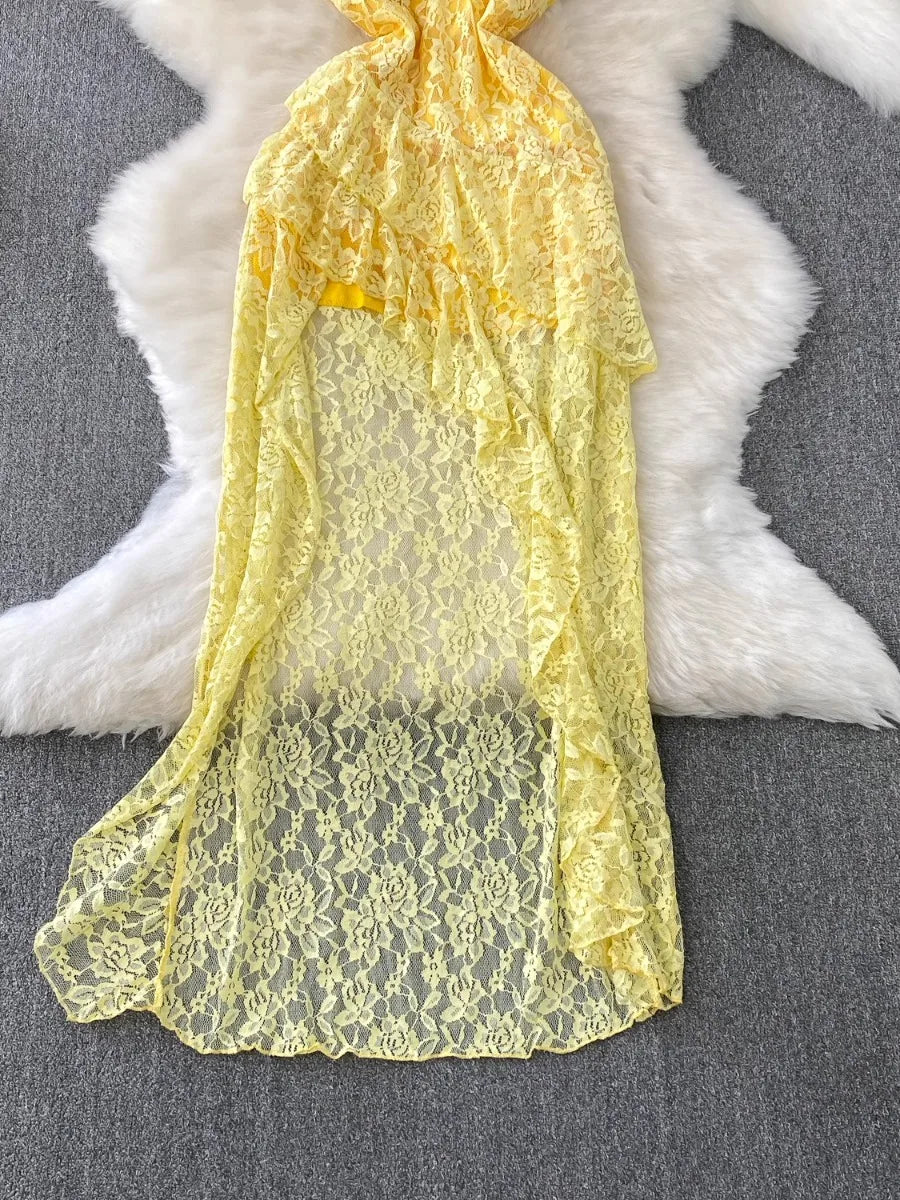 yellow lace backless dress Lace Open Back Dress in Yellow