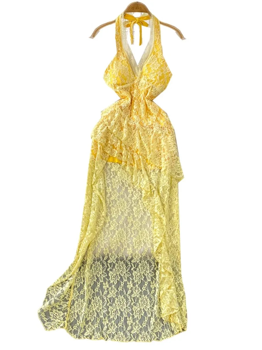 yellow lace backless dress Open Back Yellow Lace Prom Dresses, Backless Yellow Lace Formal Evenin   jbydress