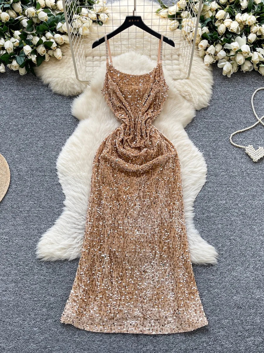 Sparkling Rose Gold Sequin Maxi Evening Dress