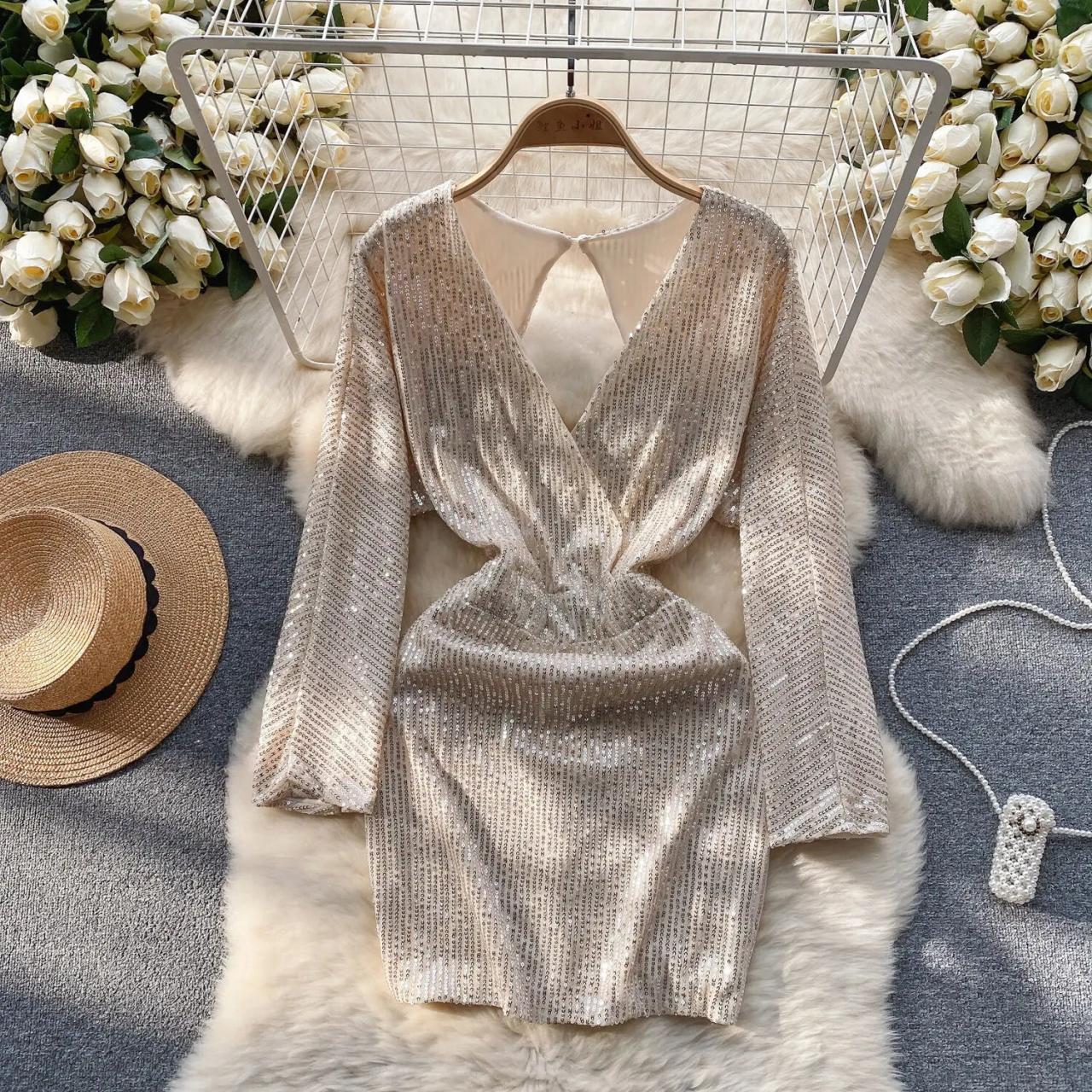 beige sequin dress long sleeve Sparkling Long-sleeve Mini on Luulla Cocktail Beach Dress - rixo-dresses Coat Chest Size (inches):34 Inclusive Size Range