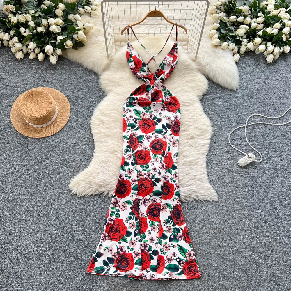 red floral strappy dress Cottagecore French Vintage Red Floral Casual Strap Dress with Cardigan Set