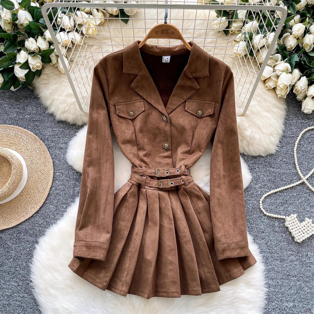 tan suede long sleeve dress Brown Suede Belted Long-sleeve Pleated Dress