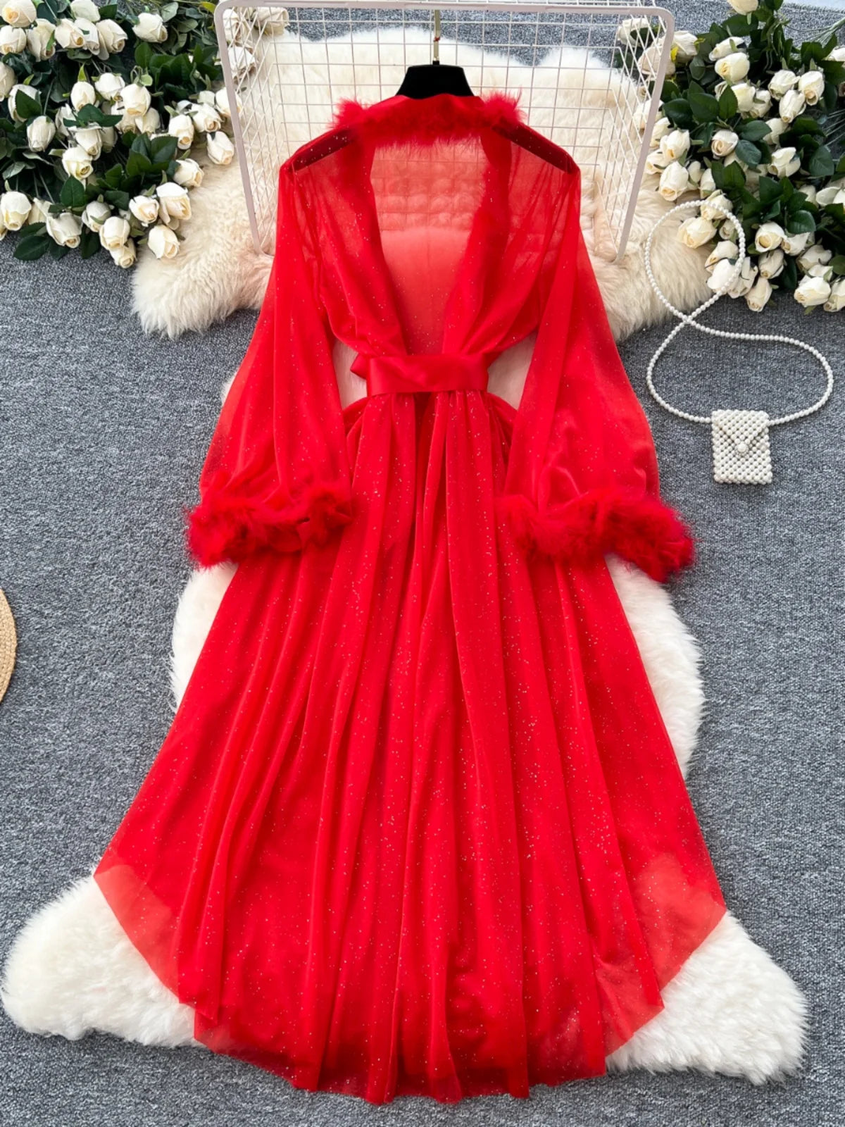 sheer dressing gown with fur trim Sheer Marabou Feather Floor Sweeping Dressing Gown / Robe 22  Bombshell  Bettys Vintage