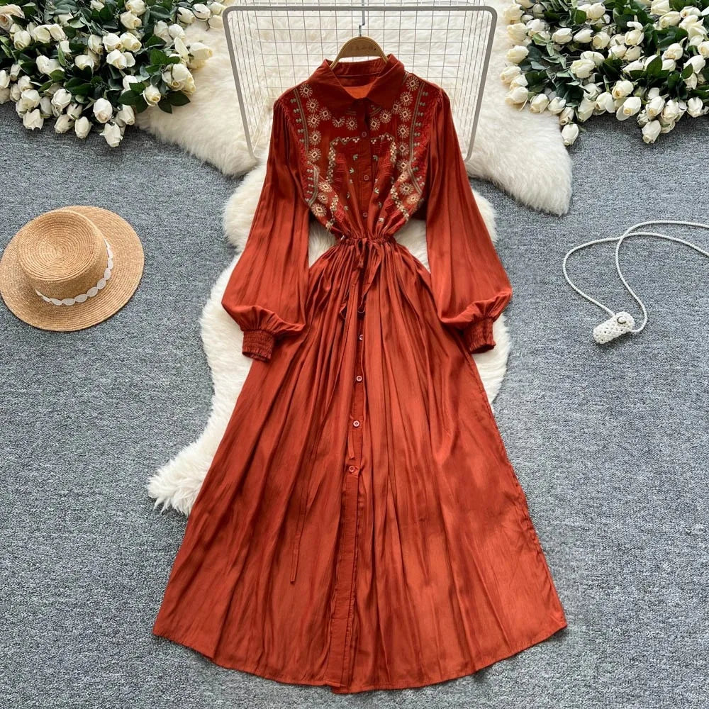 Embroidered Rust Maxi Dress With Long Sleeves