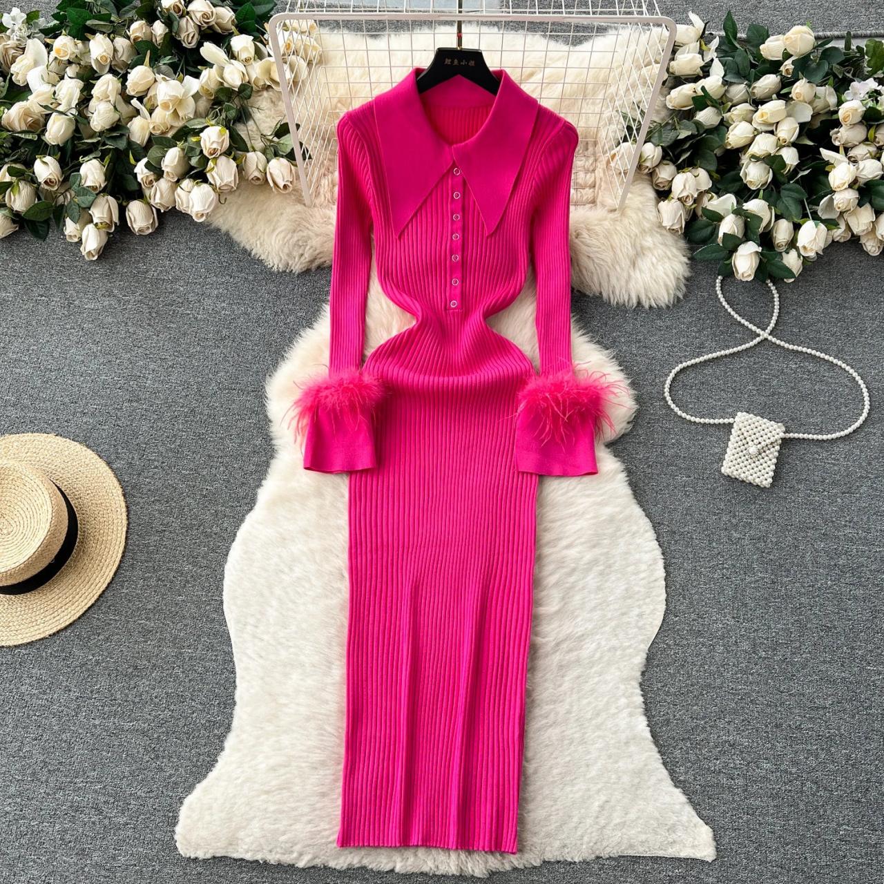 long sleeve pink knit dress 1940S Pink Rose High Waist Knitted Sweater Long Sleeve Vintage Dress, Pink / One Size main image 0