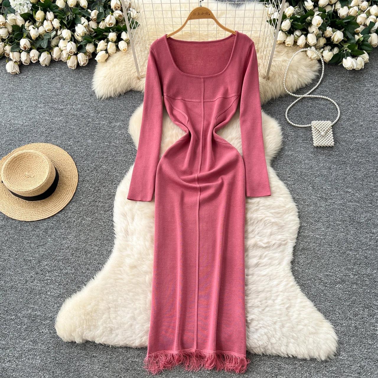 Chic Pink Long-sleeve Fringed Bodycon Dress