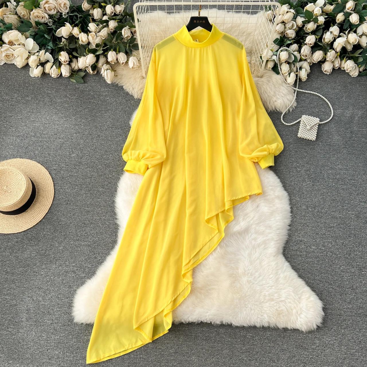 Yellow Asymmetrical Hem Long Sleeve Chiffon Dress on Luulla