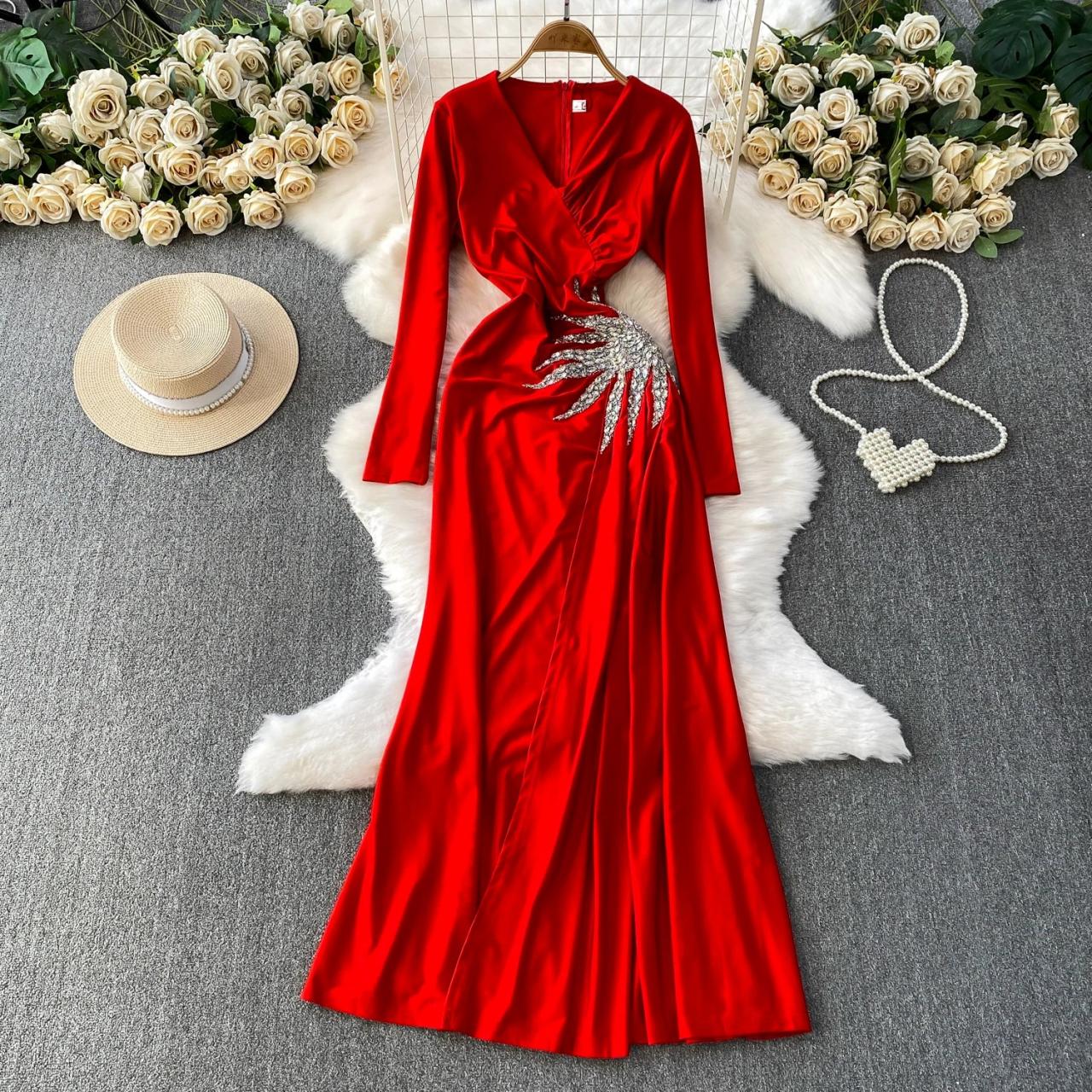 red rhinestone dress long sleeve Short Dress Style #32564