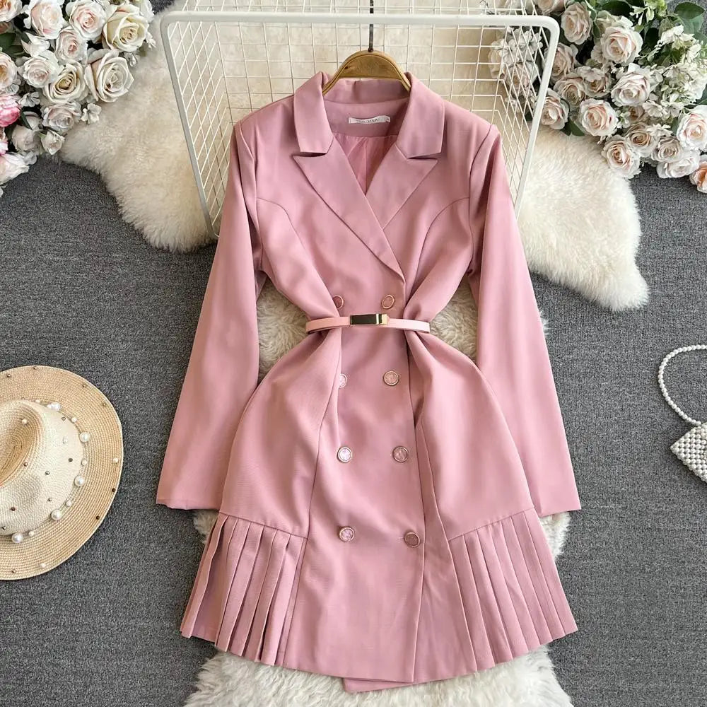 double breasted pleated blazer dress SOLERSUN Double Breasted Pleated Hem Blazer Dress