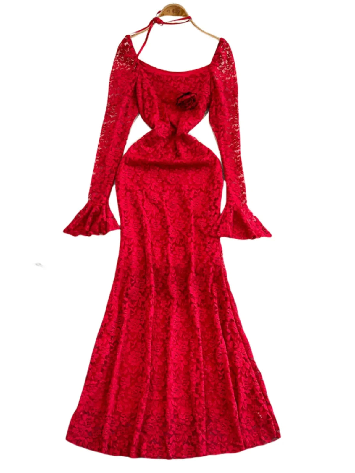 green emerald velvet dress A Matter Of Time Red Floral Guipure Lace Tiered Maxi Dress