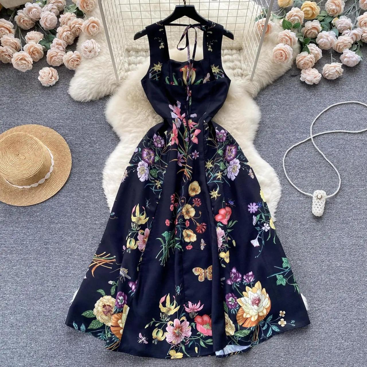 Floral Black Halter Maxi Dress With Pockets