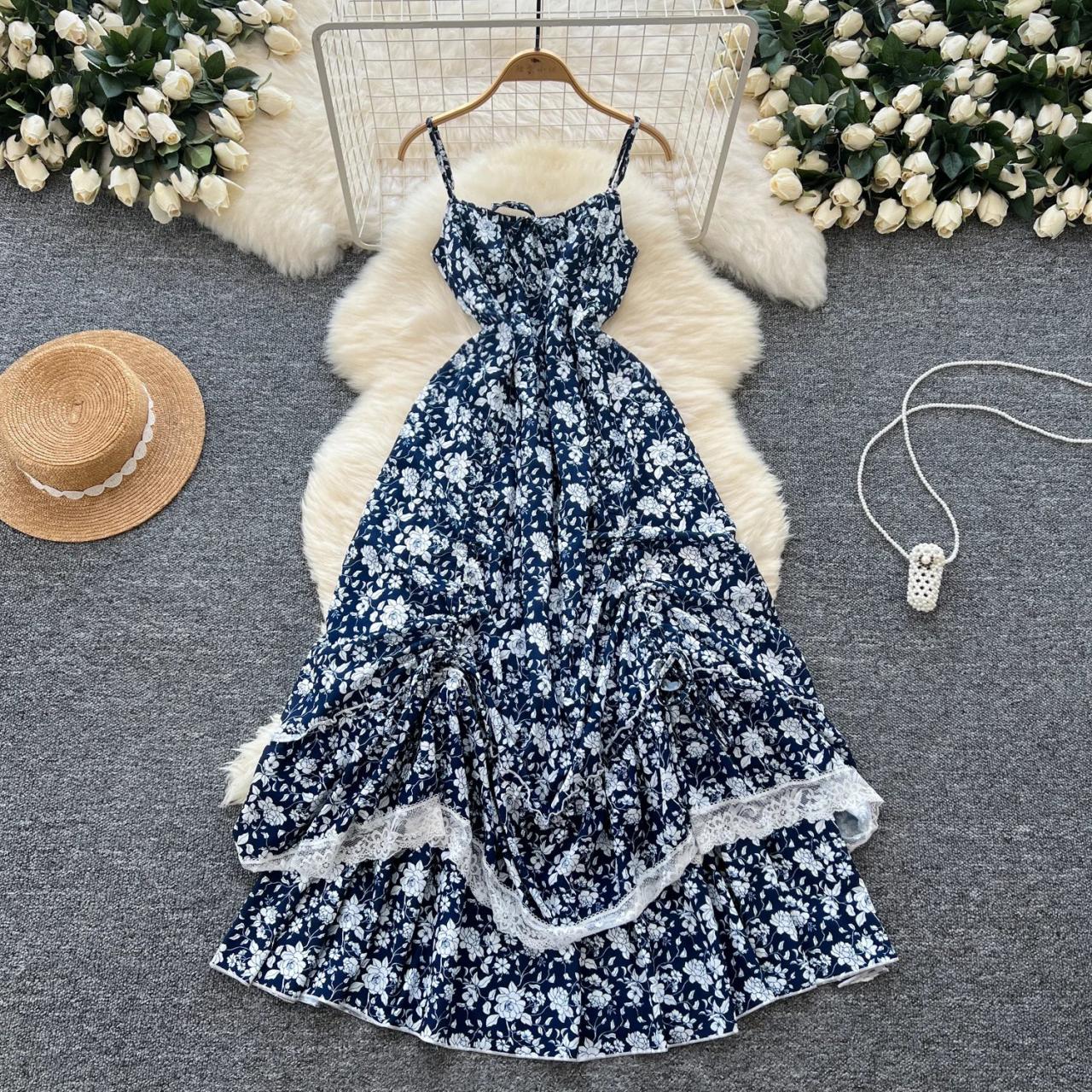 Navy Floral Maxi Dress With Lace Trim Hem on Luulla