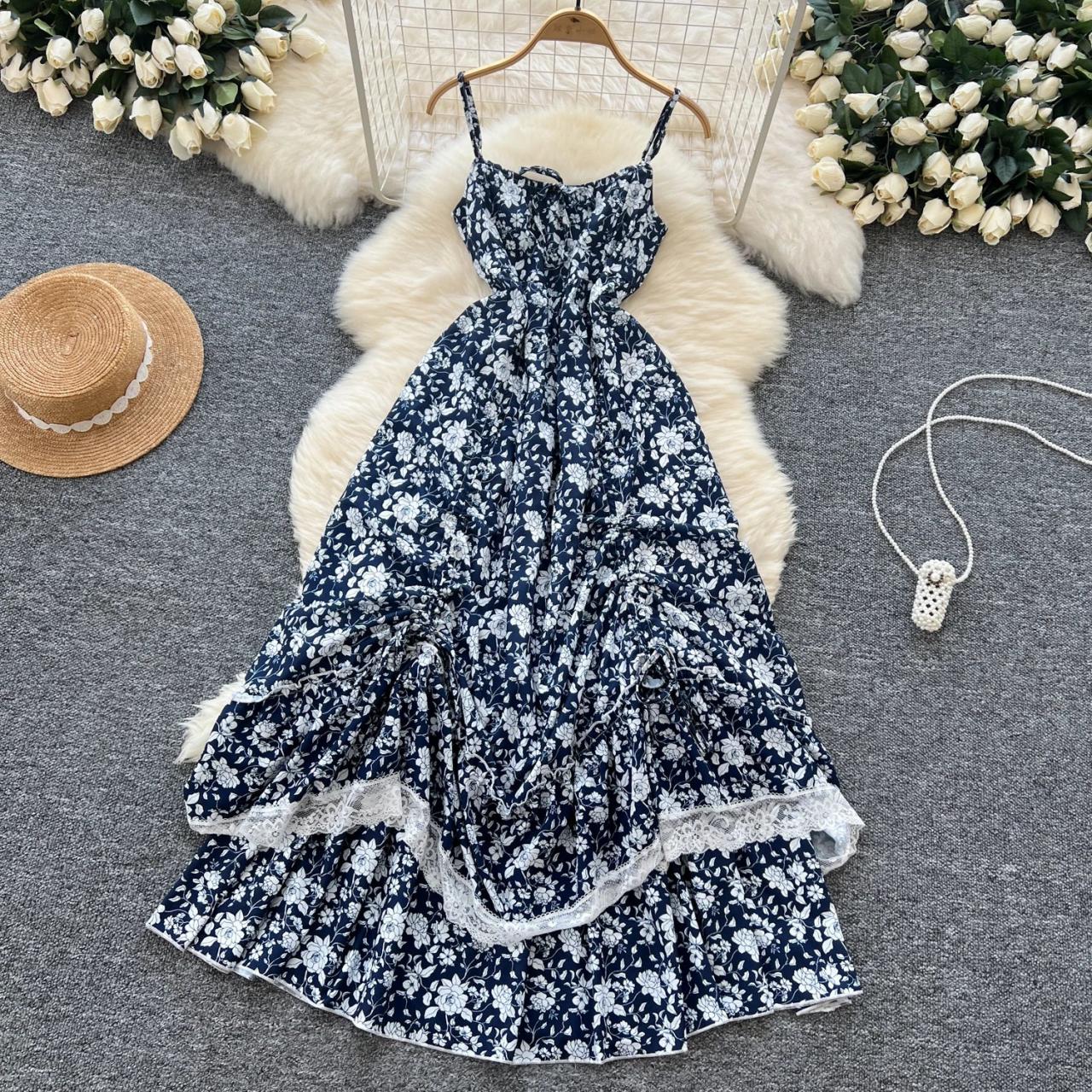 Navy Floral Maxi Dress With Lace Trim Hem on Luulla