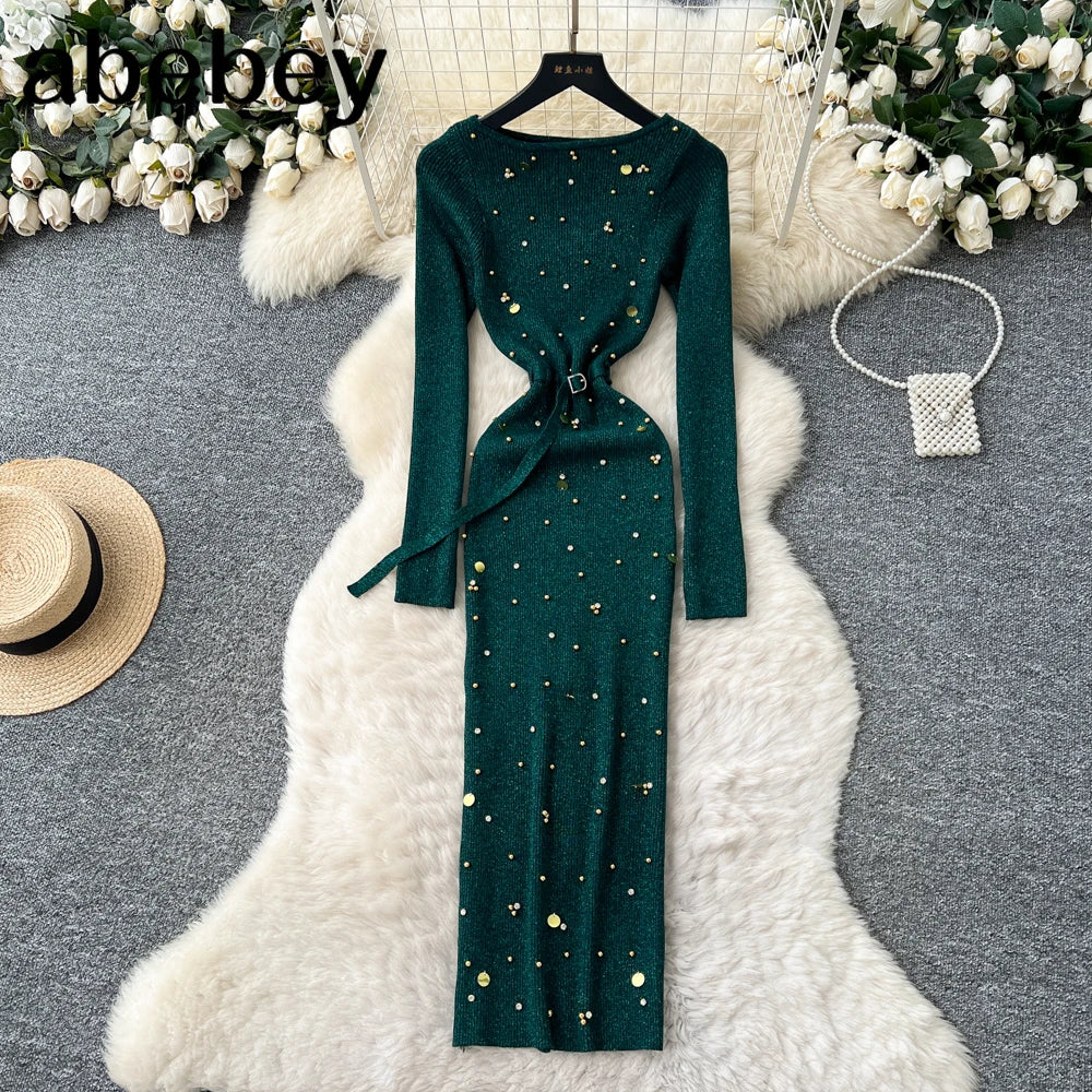 knit dress with sequins Atticus Knit Maxi Dress With Sequin / Gold | MESHKI