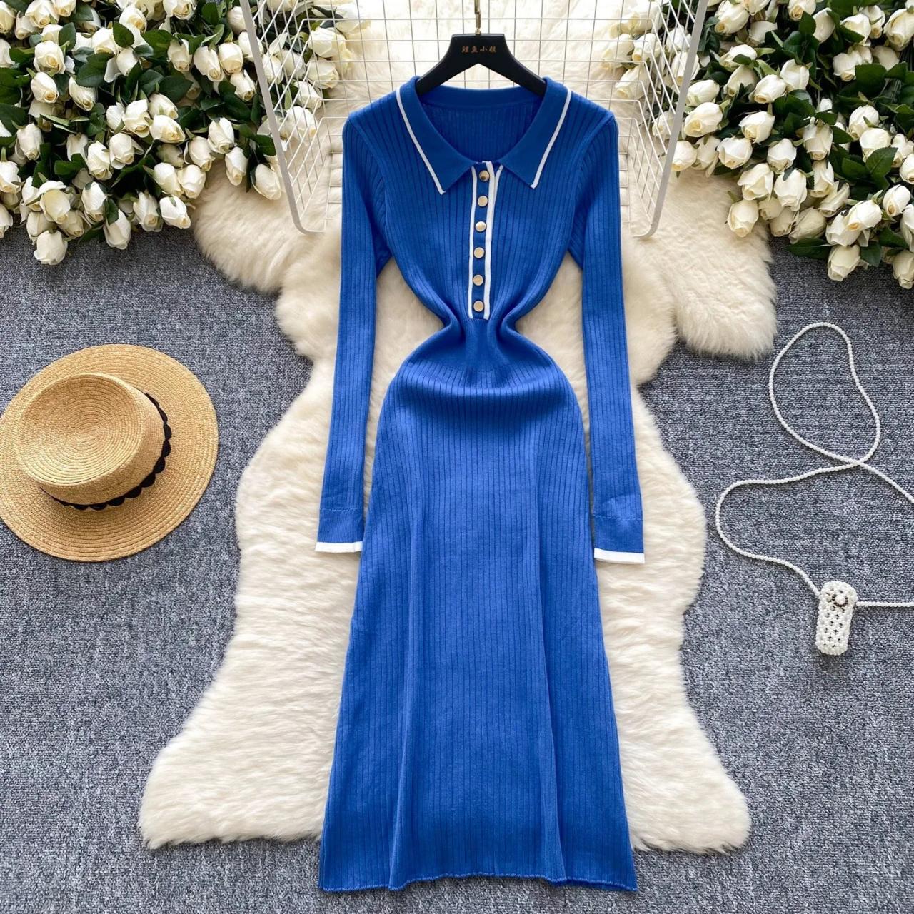Blue Long-sleeve Ribbed Button-up Maxi Dress on Luulla