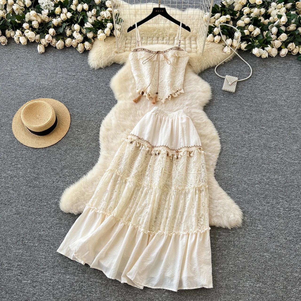 Cream Lace Bohemian Two-piece Maxi Dress Chic
