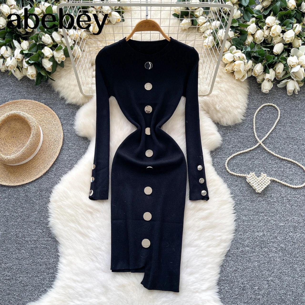 Black Long Sleeve Dress With Stylish Buttons