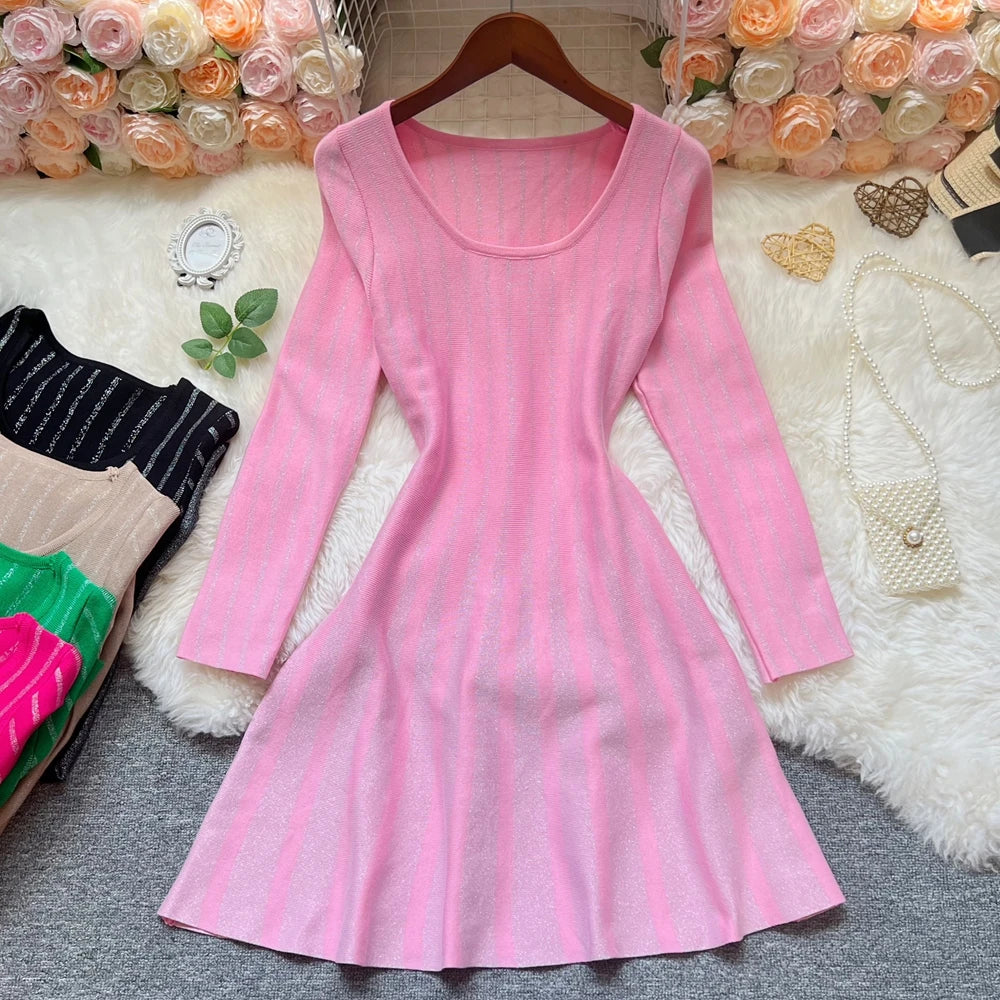 pink ribbed long sleeve dress Ribbed Mini Dress Magenta / Medium
