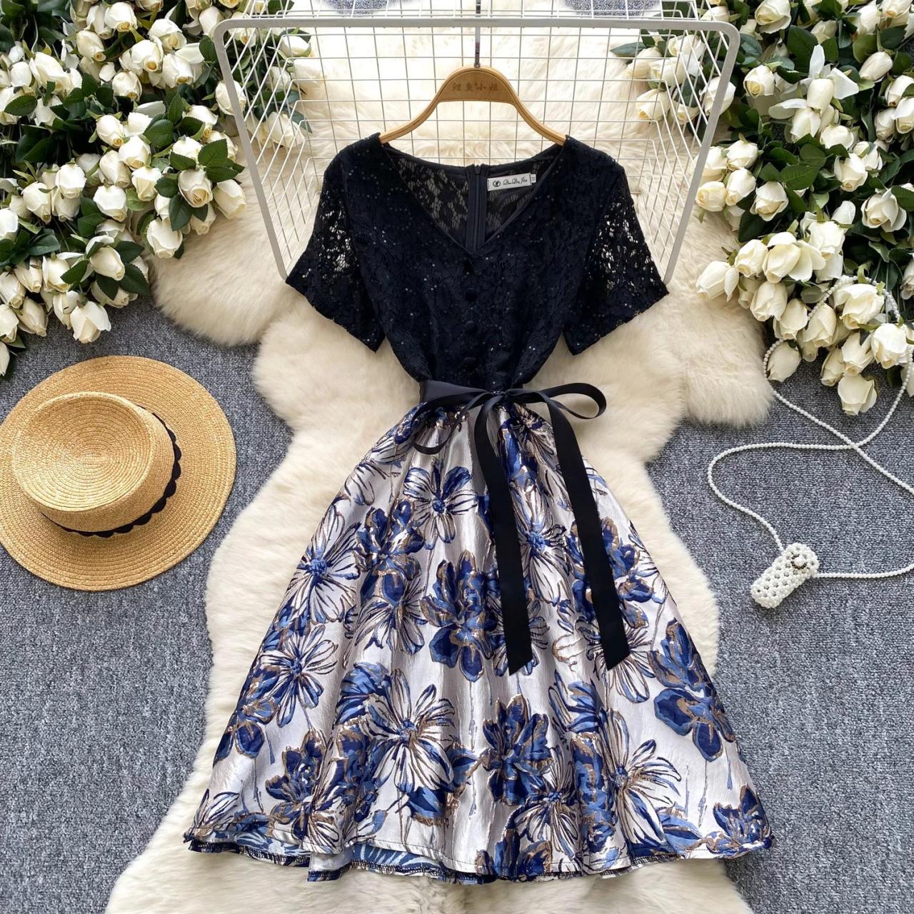blue dress with black lace overlay Black Lace Overlay Blue Dress