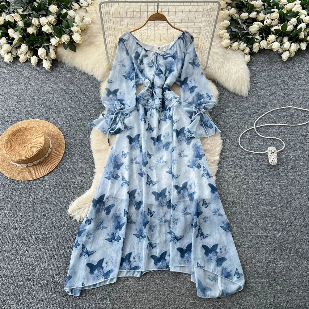 Blue Butterfly Print Long-sleeve Maxi Dress