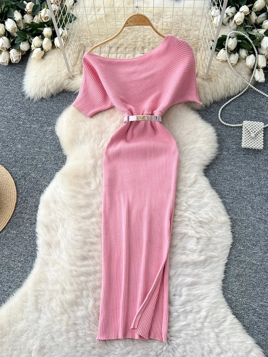 pink ribbed off the shoulder dress Winter Wonder Off-Shoulder Knit Maxi Dress Pink