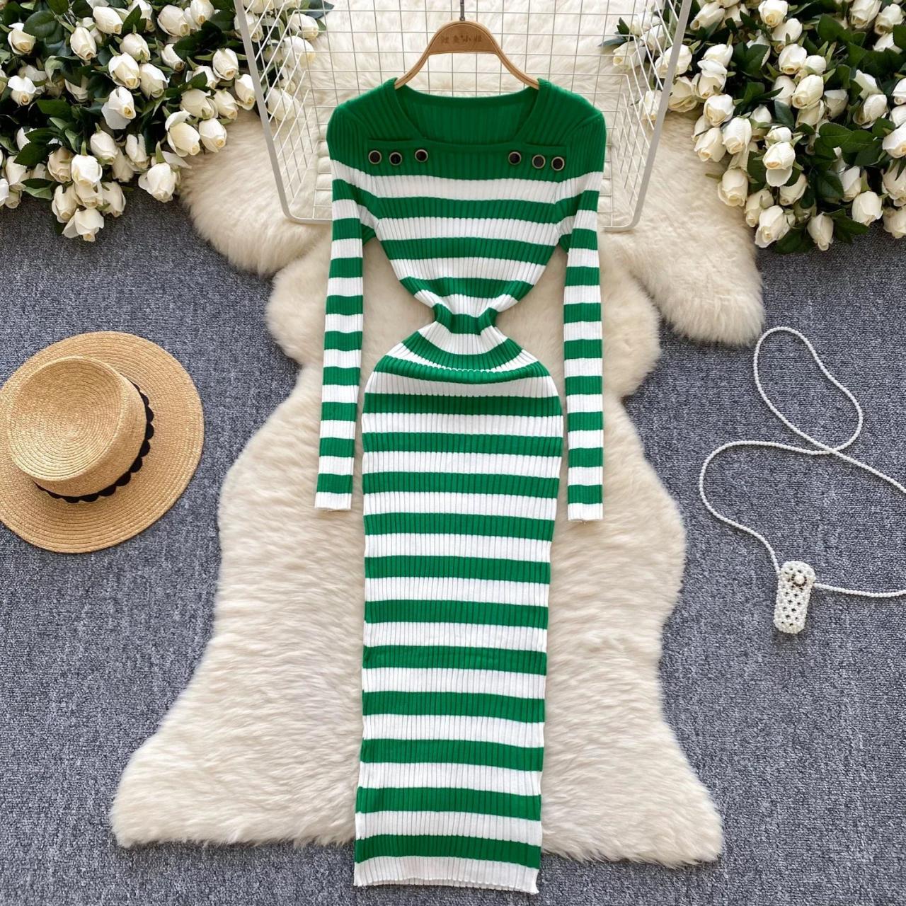knit striped knitted bodycon dress Striped Long Sleeve Knitted Bodycon Dress S-l