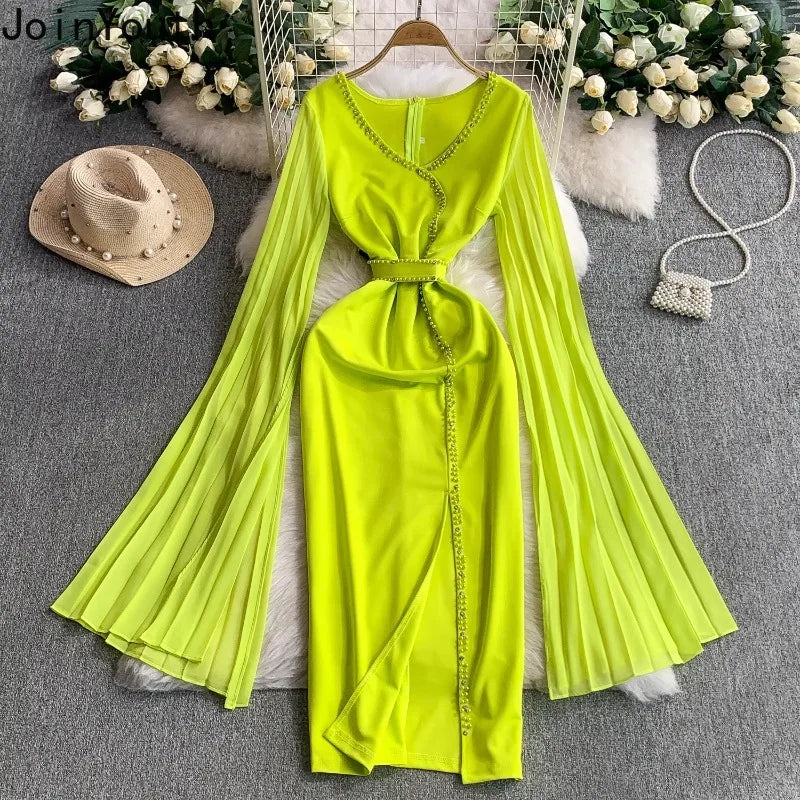 Vibrant Lime Green Maxi Dress With Sheer Sleeves